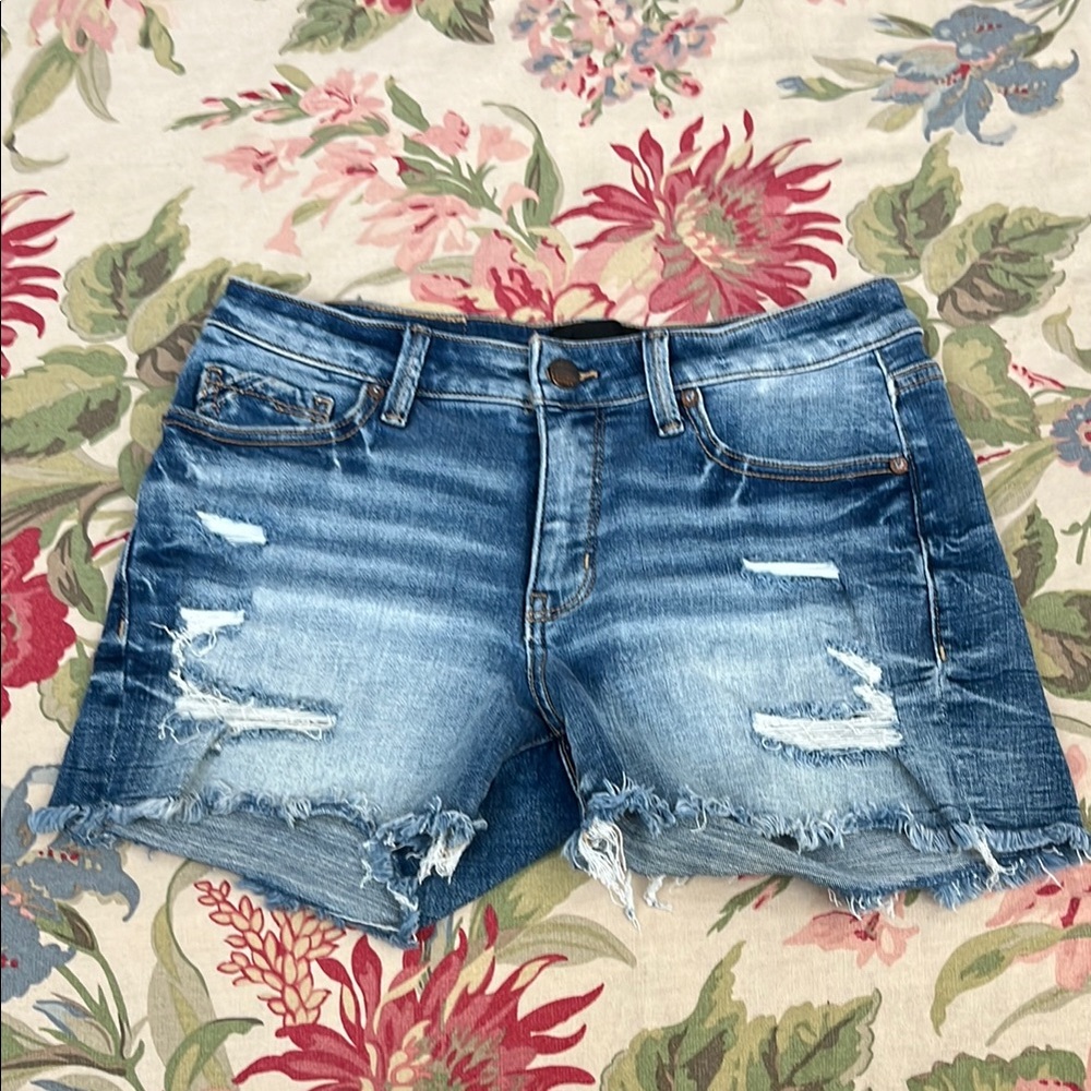 Buckle Blue Distressed Jean Shorts with Frayed Hem